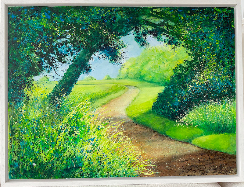 Country Lane original pathway and wildflowers summer painting in mixed media with slight abstract elements by Beverley Perry Artist