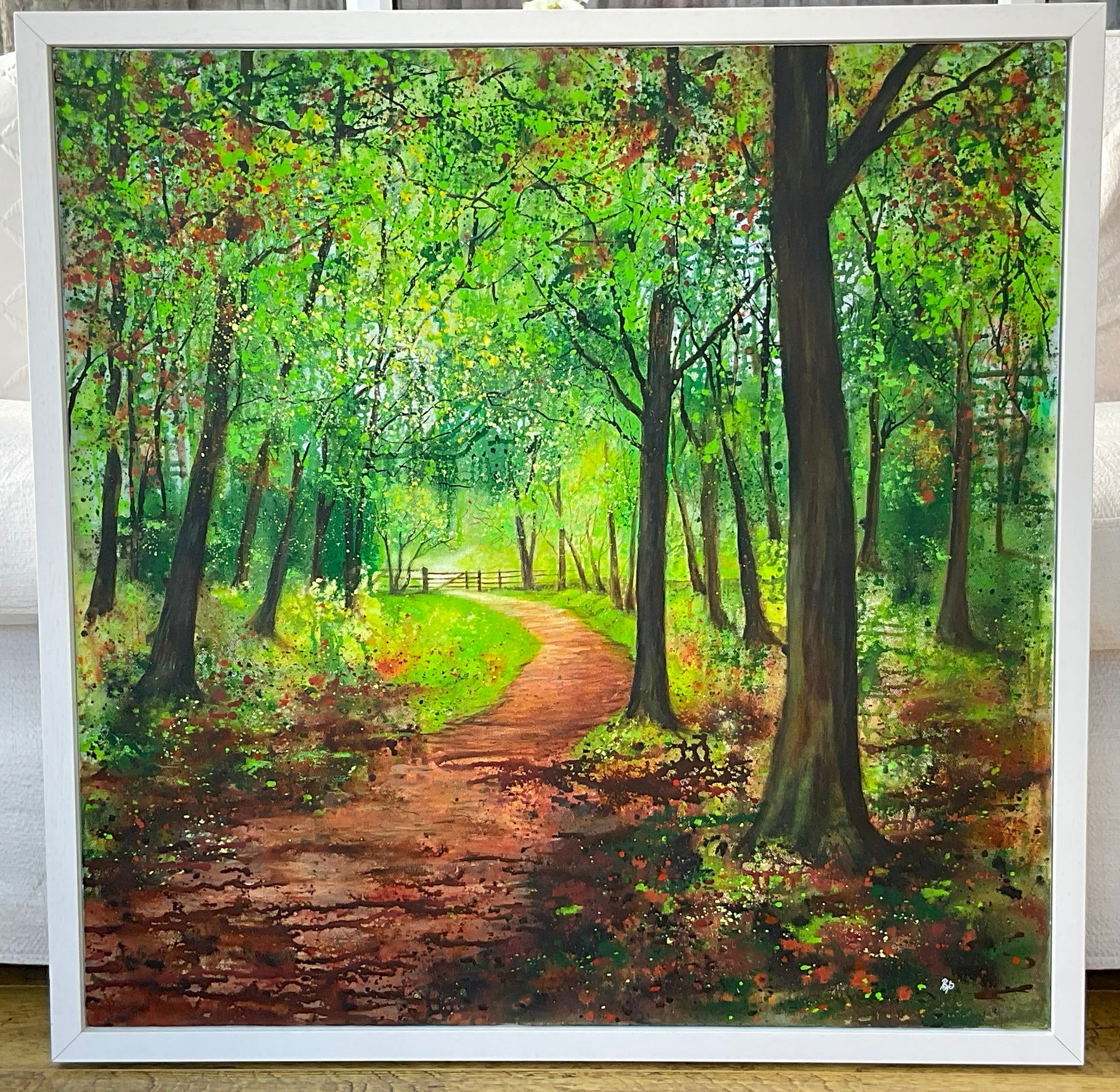 Path I Have Chosen original woodland landscape painting of a path in a wood by mixed media artist Beverley Perry Artist