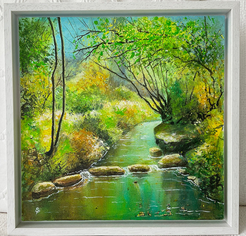 The Brook original contemporary landscape painting framed in a white box frame by Beverley Perry Artist