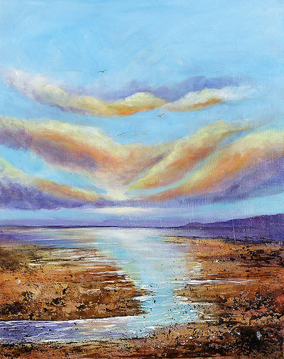 The Shallows at Dusk original mixed media shoreline seascape with pastel sky by Beverley Perry Artist