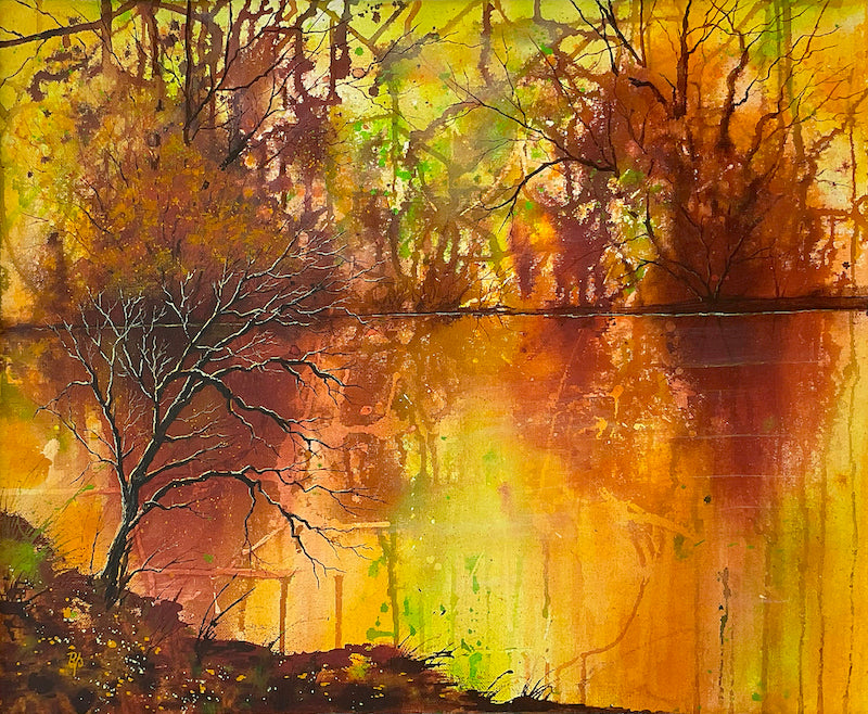 Autumn Serenity original mixed media painting in oranges and golds of a lake and trees by Beverley Perry Artist