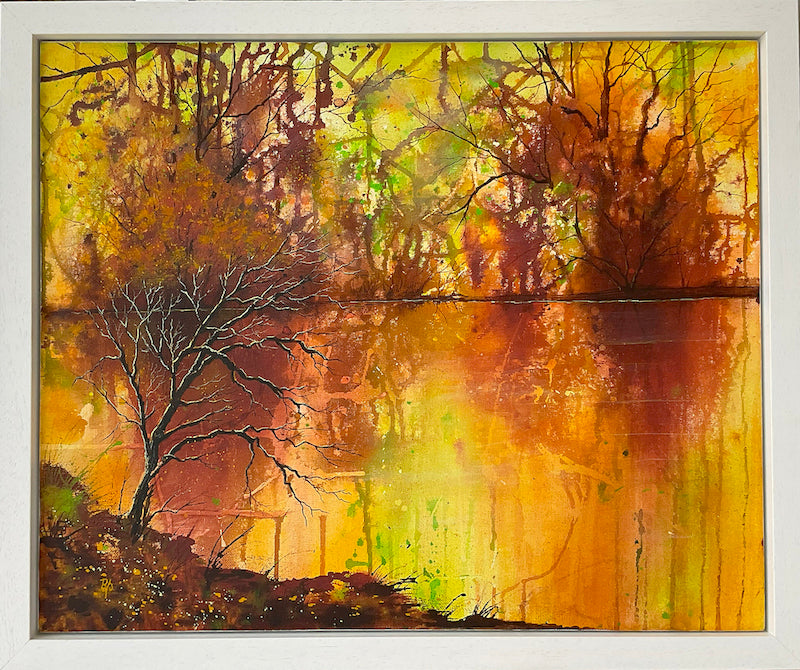 Framed Autumn Serenity original mixed media painting by contemporary artist Beverley Perry.