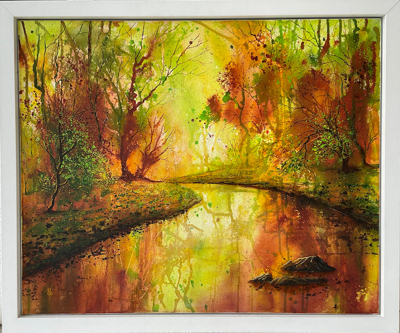 Framed Autumn Tranquility mixed media painting by Beverley Perry Artist