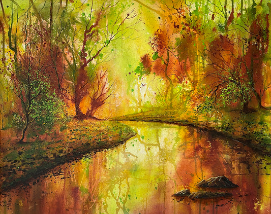 Autumn Tranquility mixed media abstract painting in oranges, greens and browns by modern artist Beverley Perry