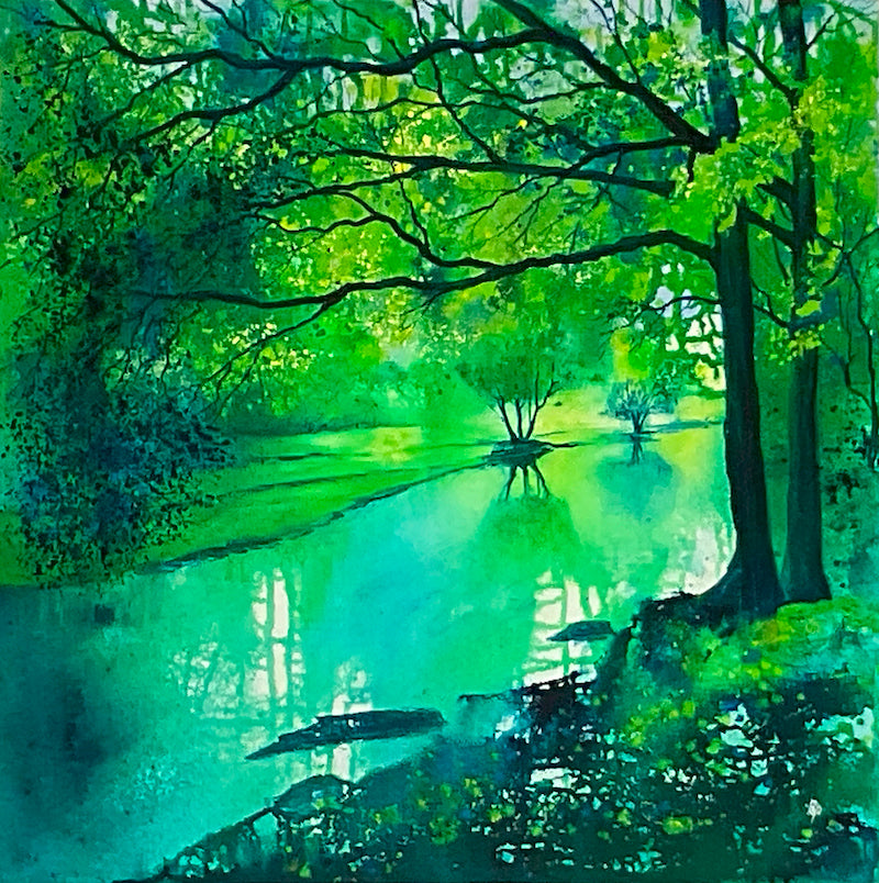 Breathtaking original painting in mixed media of a stream through the woods by contemporary artist Beverley Perry Artist