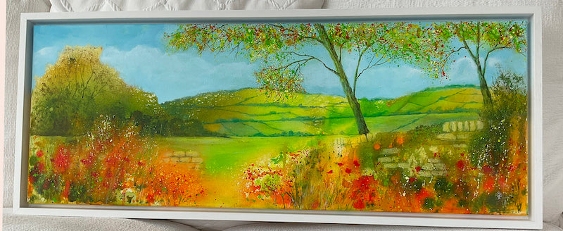 Framed Cotswold Countryside painting of local scene in mixed media by Beverley Perry Artist
