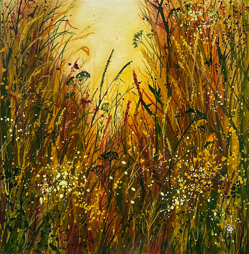 Dawn Meadowland abstract contemporary original painting in golds and greens by Beverley Perry Artist