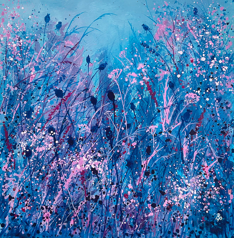 Fragrant Meadow expressional painting with abstract touches in blues, pinks and purples by Beverley Perry Artist