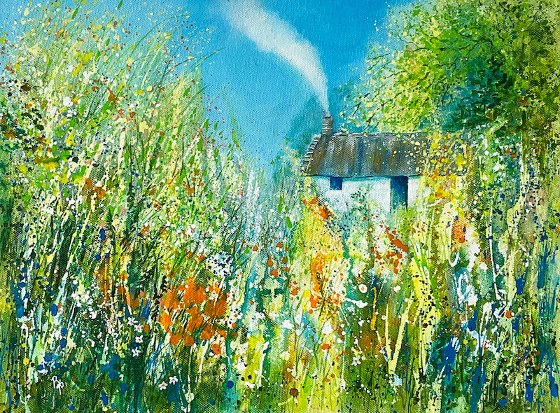 Gardeners Cottage wildflowers and country cottage mixed media expressionist painting by Beverley Perry Artist