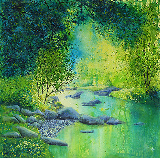 Little Bit Of Heaven original mixed media landscape painting in greens of a river by Beverley Perry Artist