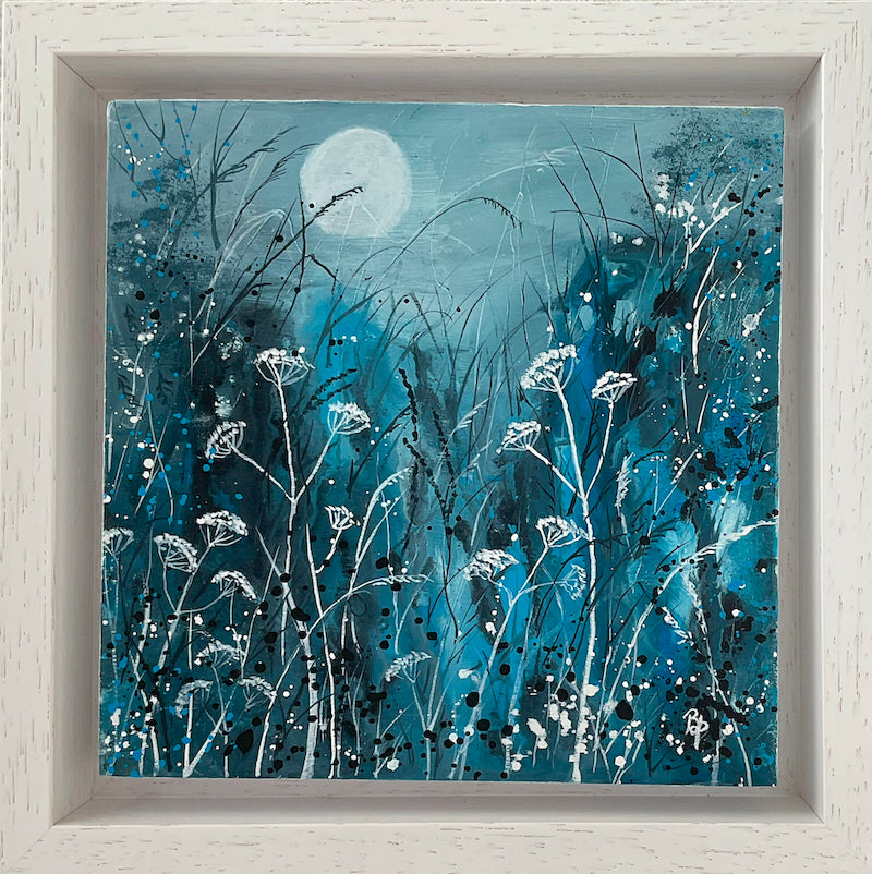 Moonlight Frost original small artwork framed in a white wooden box frame of a moonlit scene in winter by Beverley Perry Artist