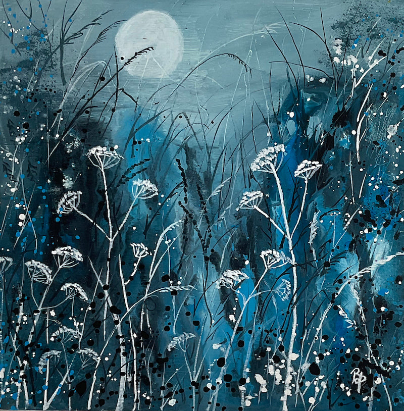 moon light frost original painting by Beverley Perry - contemporary artwork in blues and teals