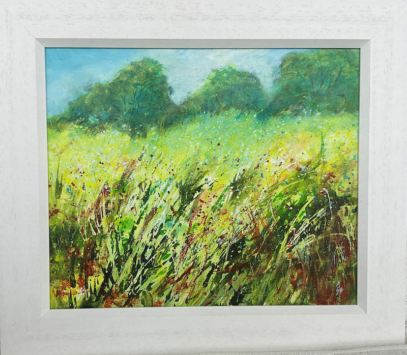Pastures Beauty white box framed mixed media painting of a field landscape by Beverley Perry Artist