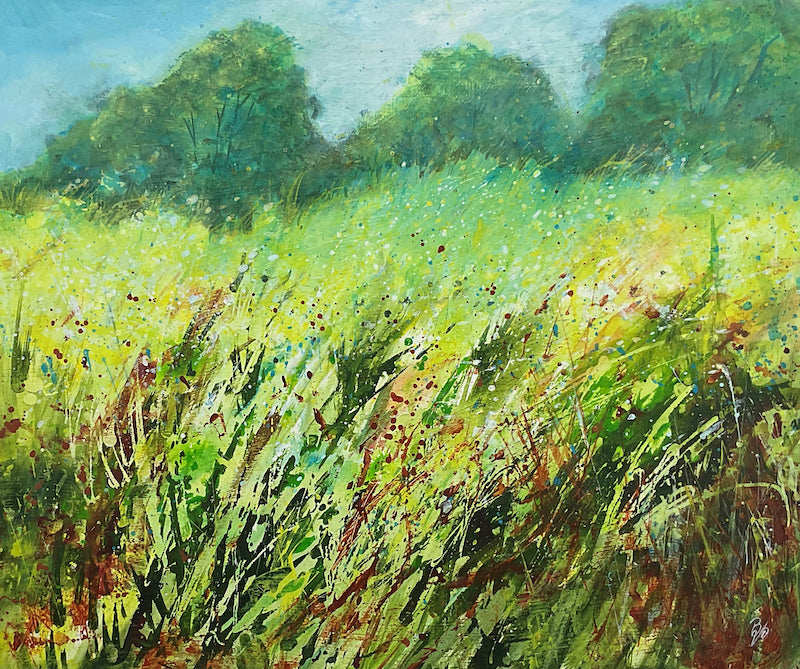 Pastures Beauty painting of a windy field in spring, abstract and expressionist touches of splattering paint by Beverley Perry Artist