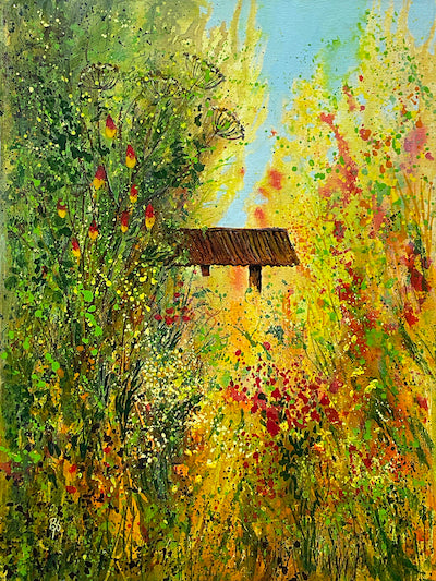 Potting Shed mixed media abstract landscape painting of a shed and wildflowers by mixed media artist Beverley Perry