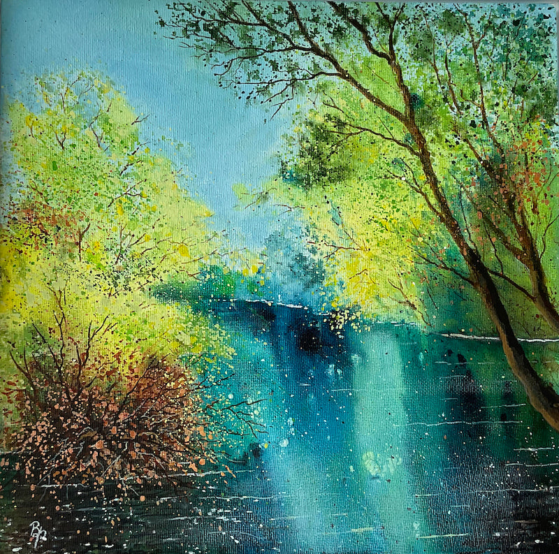 River Ripples original mixed media painting of a blue river and trees by by Beverley Perry Artist