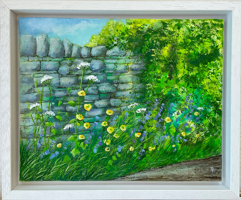 White box framed Roadside Beauty cotswold stone wall original mixed media acrylic painting by contemporary artist Beverley Perry. 