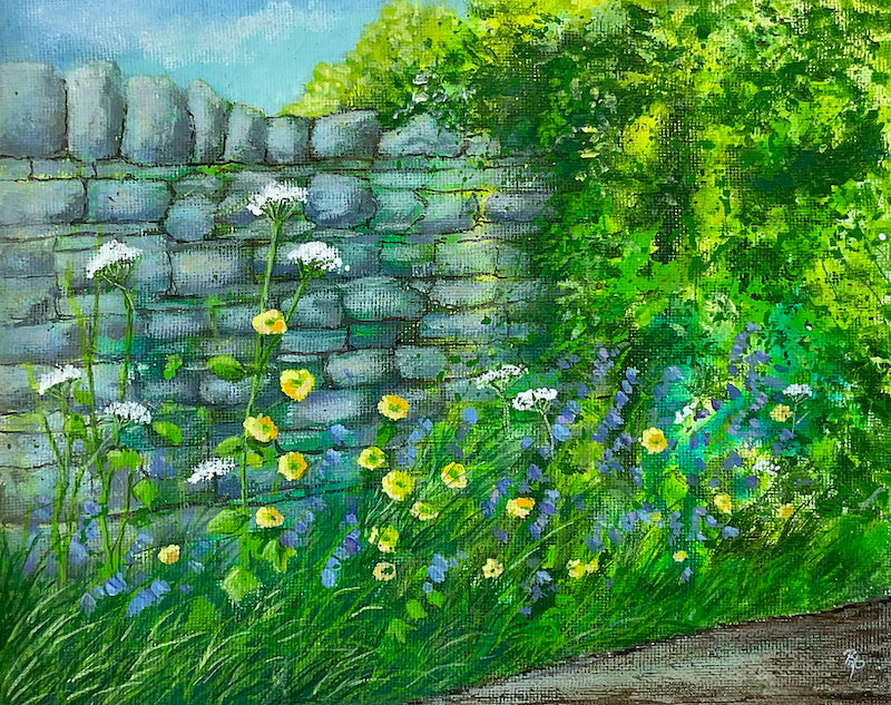 Roadside Beauty cotswold stone wall original mixed media acrylic painting by contemporary artist Beverley Perry. 