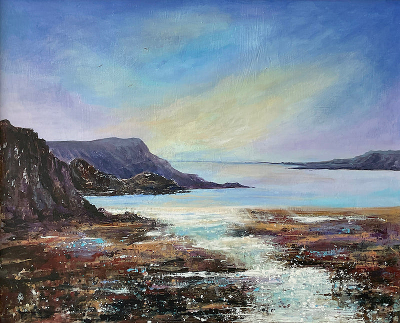 Rocky Coast original seascape painting with pastel coloured sky and cliffs by contemporary artist Beverley Perry