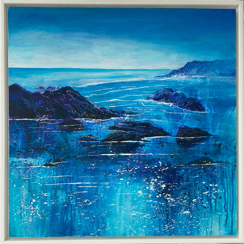 Rocky Shore mixed media seascape painting in blues by Beverley Perry Artist