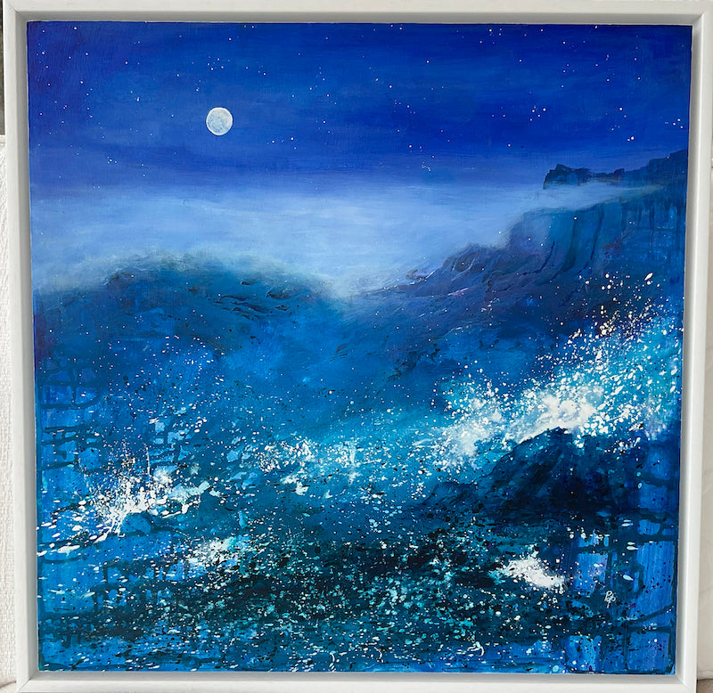 Abstract blue moonlight painting, title Sea Mist. 54 cm x 54cm framed in white floating box frame.