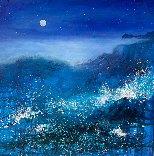 Abstract blue moonlight painting, title Sea Mist. 54 cm x 54cm framed in white floating box frame. 