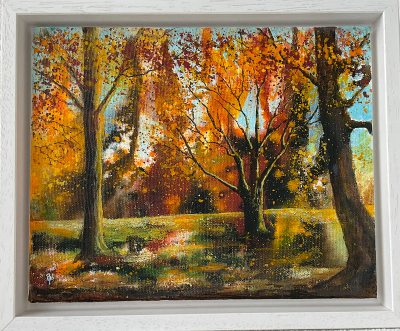 Season Of Gold framed in a white box frame original mixed media painting of trees and grass in autumn, expressionist landscape painting by Beverley Perry Artist