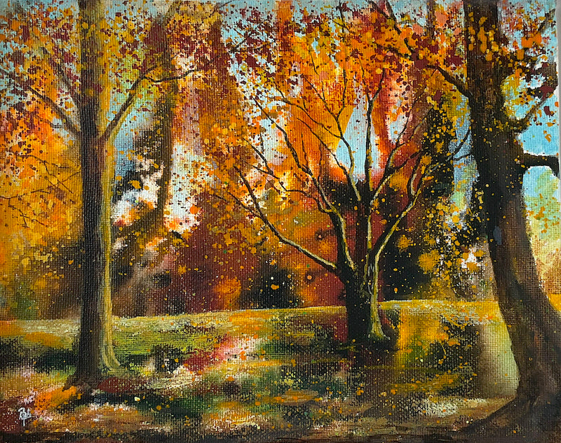 Season Of Gold original mixed media painting of trees and grass in autumn, expressionist landscape painting by Beverley Perry Artist