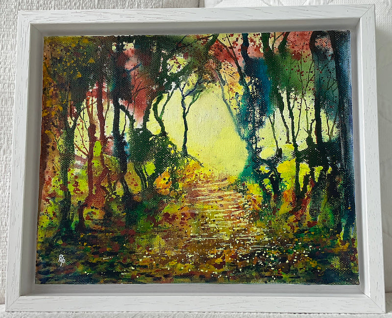 Shed Some Light original mixed media wood painting framed in a white wooden frame by Beverley Perry Artist