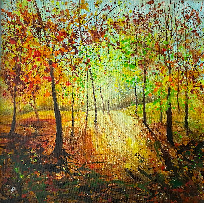 Sunlight Mixed media Painting of Autumn - 35cm x 35cm. Framed in floating white box frame.