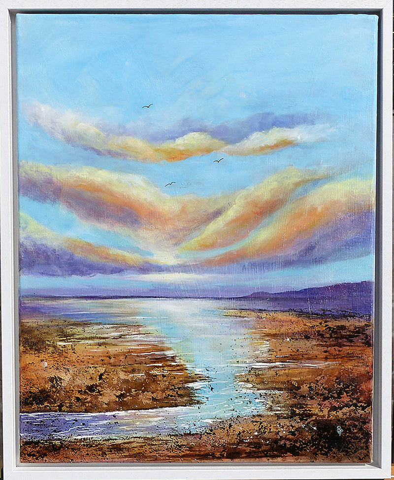 White box frame The Shallows at Dusk original mixed media shoreline seascape with pastel sky by Beverley Perry Artist